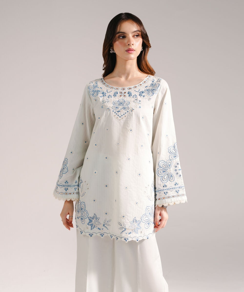 Women's RTW Textured Cotton Embroidered Light Blue 2 Piece Suit
