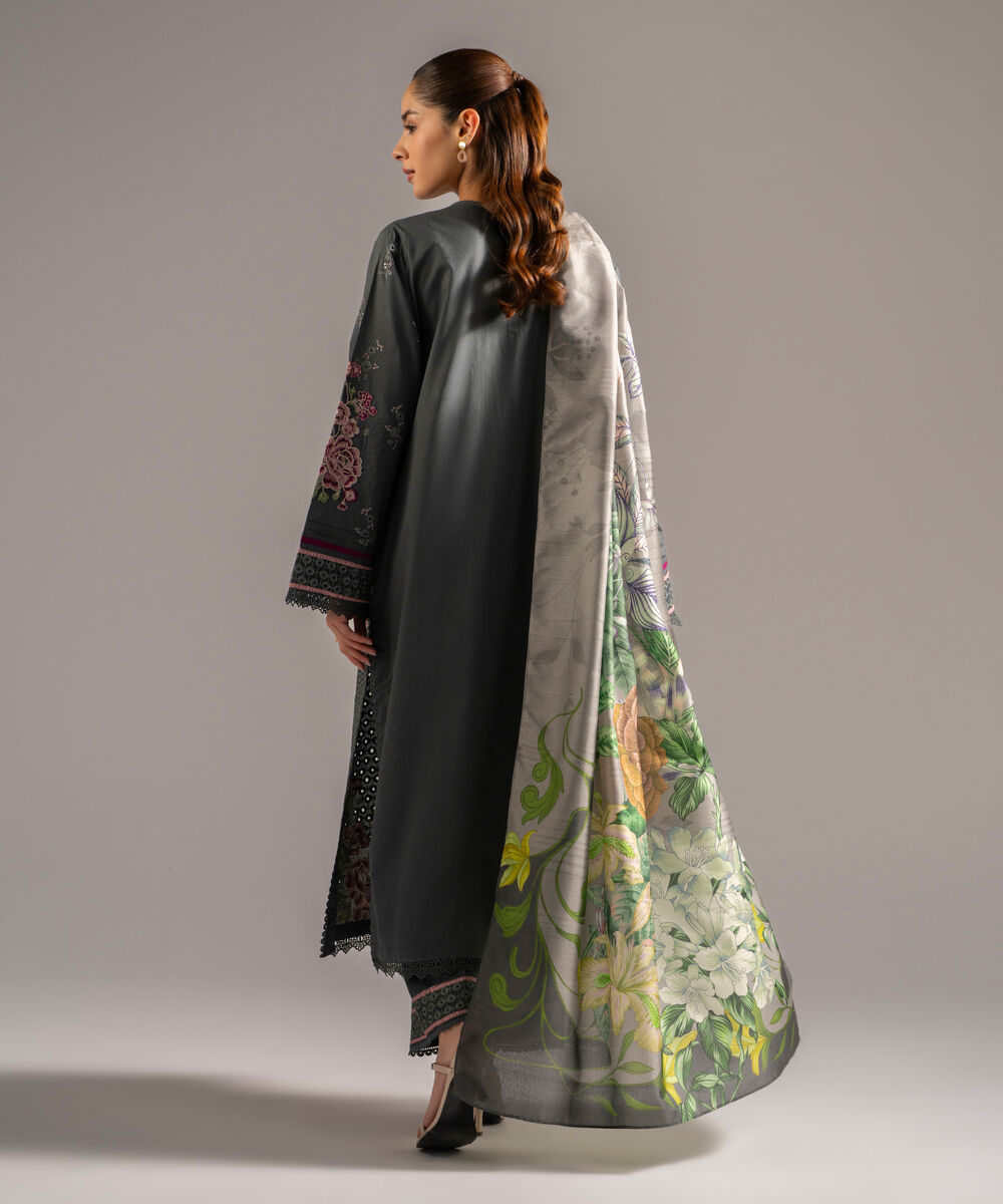 Women's RTW Slub Lawn Embroidered Dark Green 3 Piece Suit