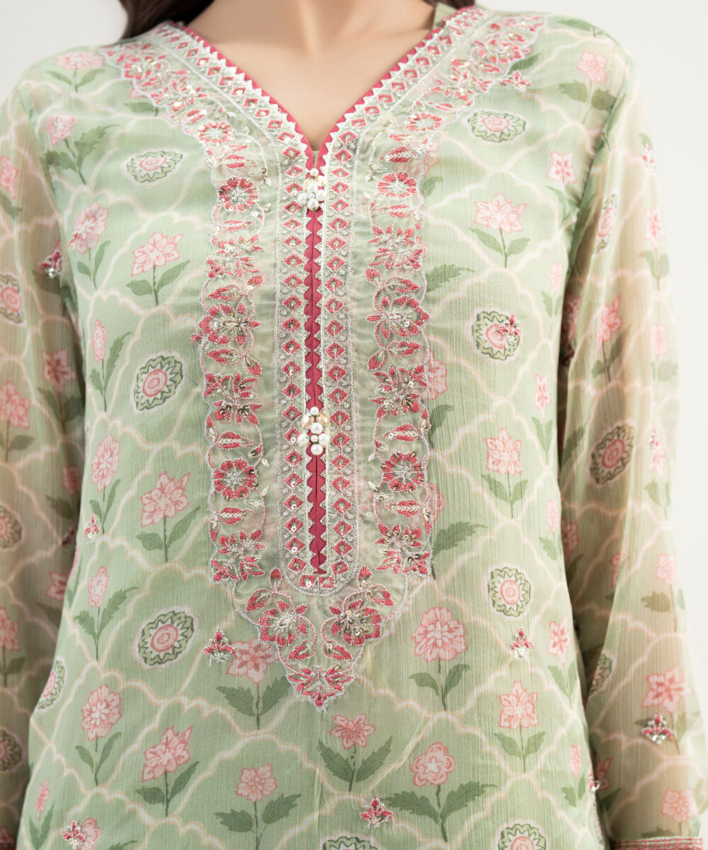 Women's RTW Blended Chiffon Embroidered Green 3 Piece Suit