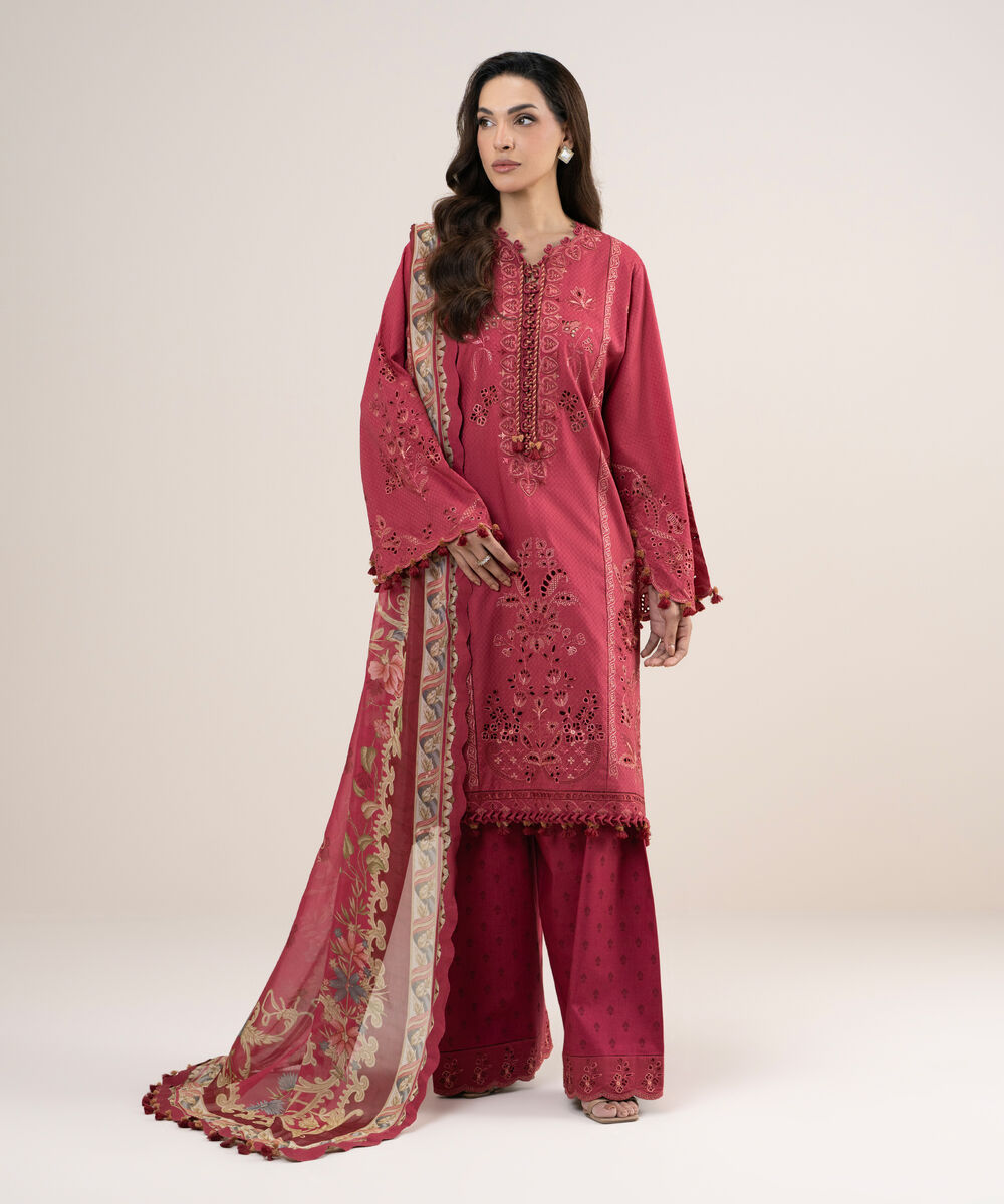 Women's Unstitched Embroidered Dobby Red 3 Piece Suit