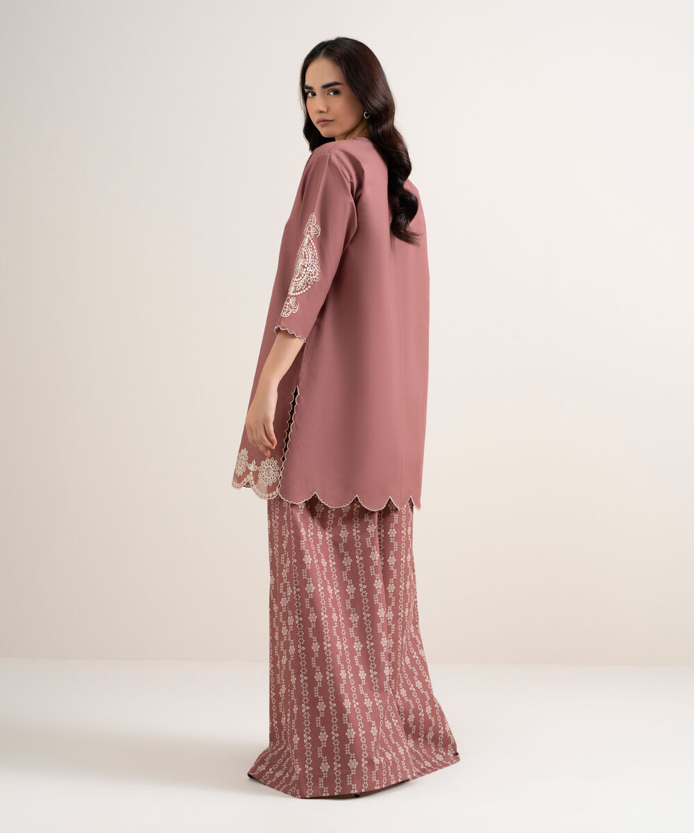 Women's Unstitched Cotton Embroidered Brown 2 Piece Suit