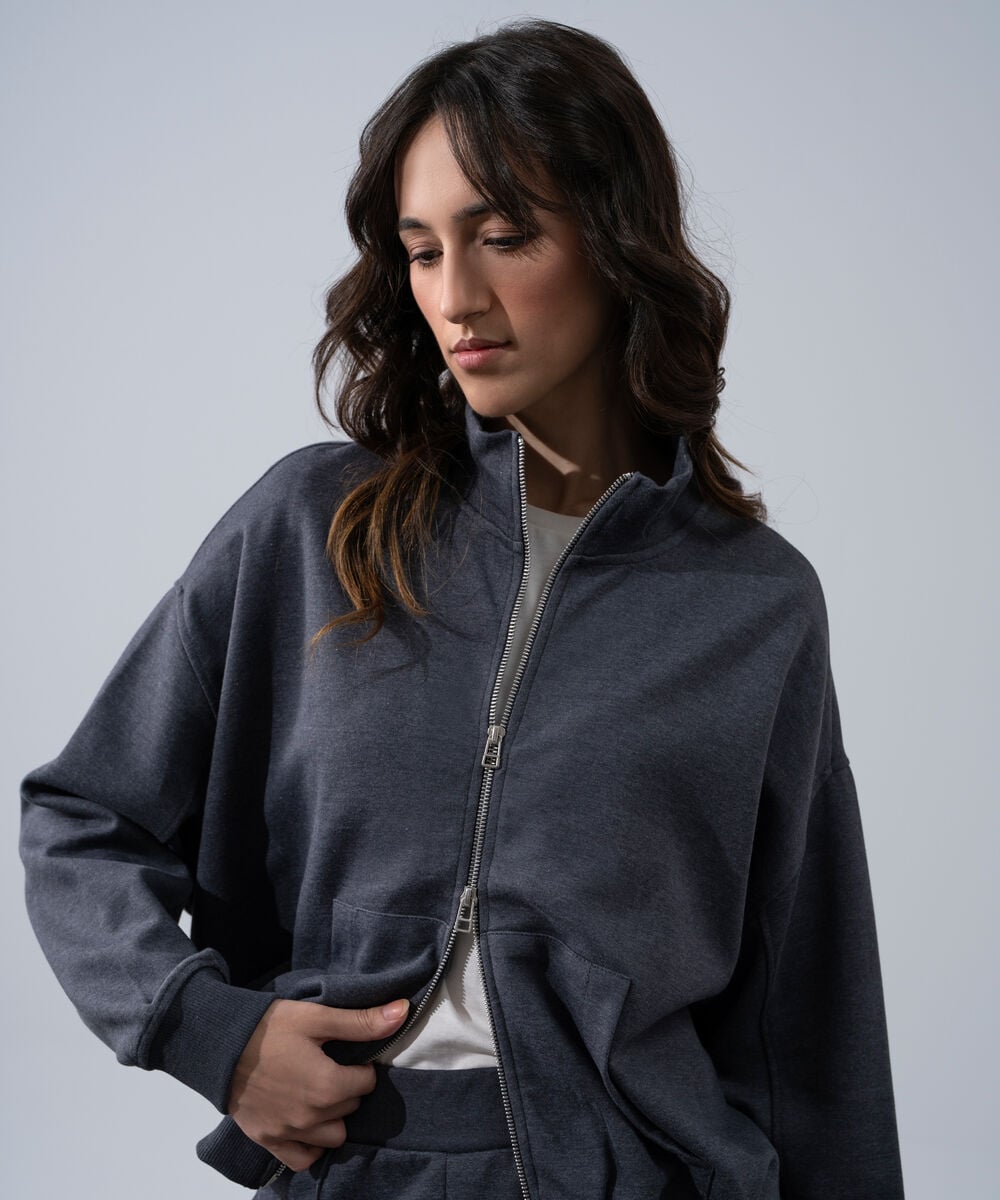 Women's Western Wear Grey Melange Zip-Up Sweatshirt