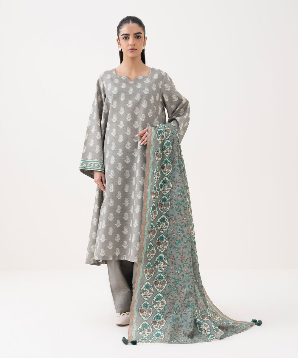 Women's Unstitched Khaddar Printed Grey 3 Piece Suit