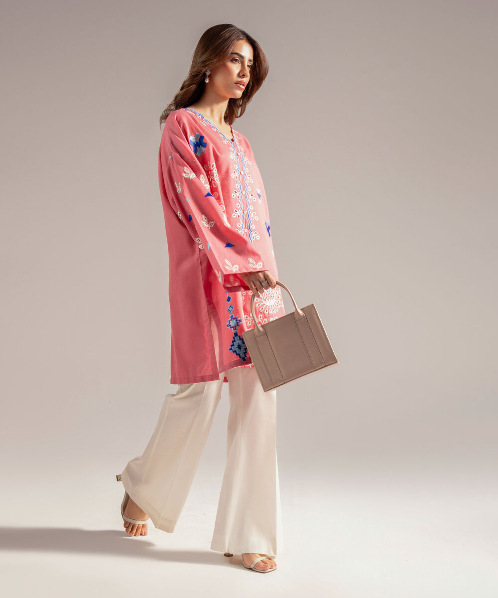 Women's RTW Dobby Embroidered Straight Pink Shirt