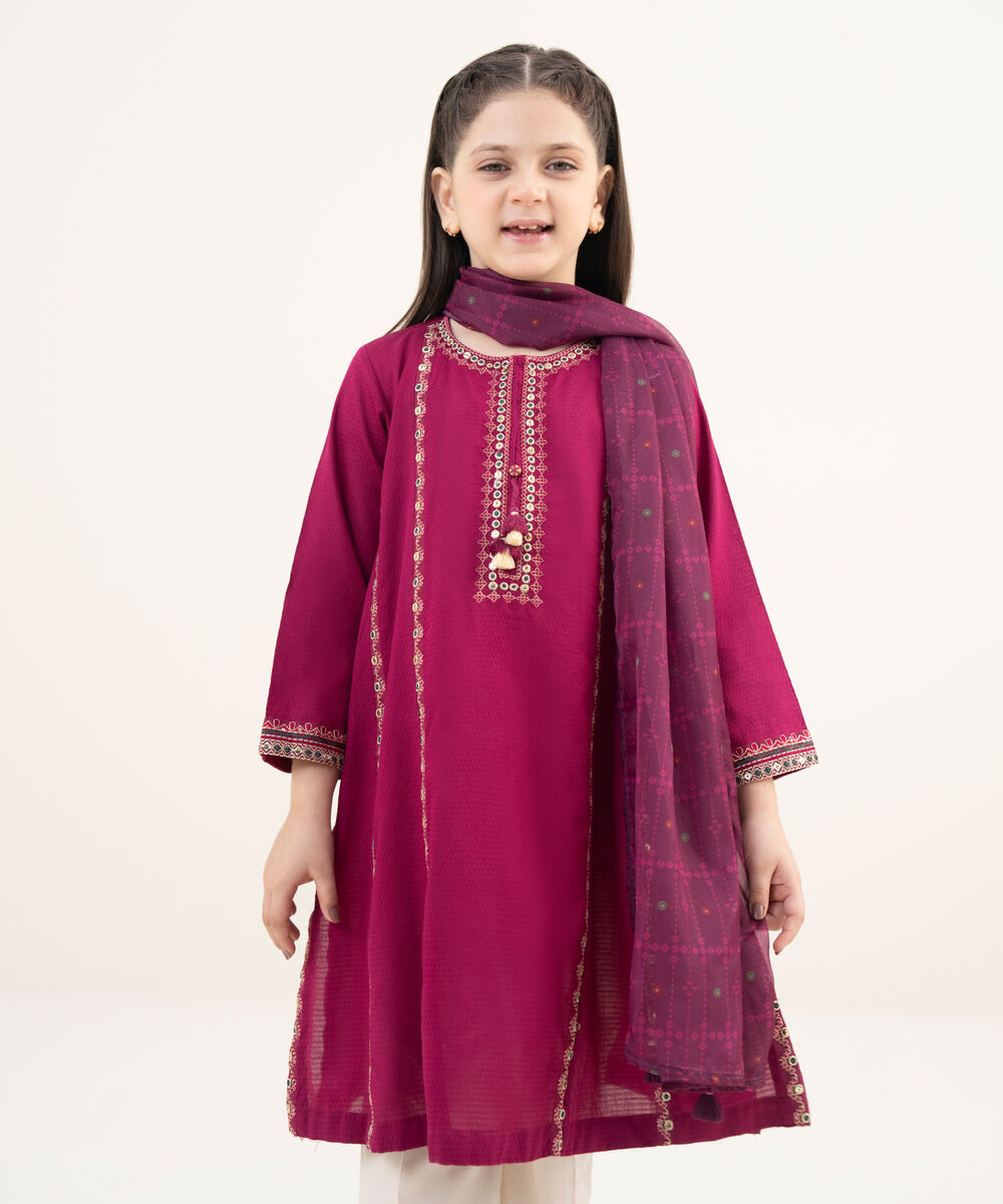 Girls Two Piece Embroidered Textured Lawn Shirt Dupatta