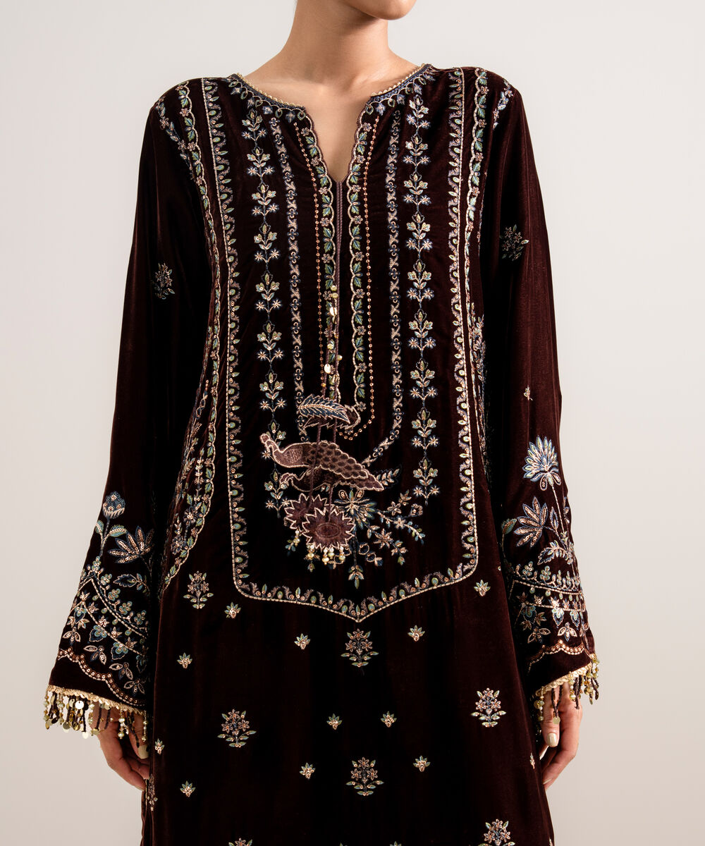 Women's Unstitched Embroidered Velvet Red 3 Piece Suit