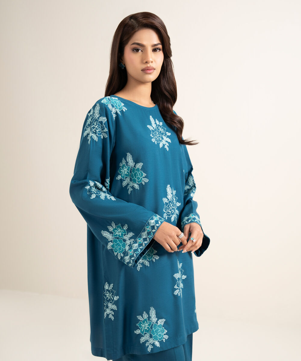 Women's RTW Cotton Viscose Embroidered Blue Straight Shirt