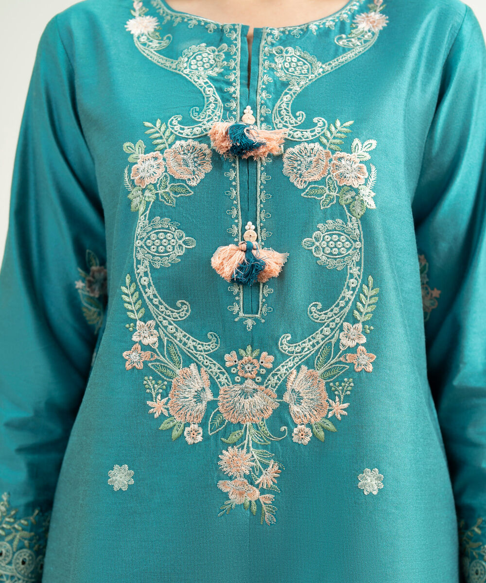 Women's RTW Silk Cotton Net Embroidered Teal 2 Piece Suit