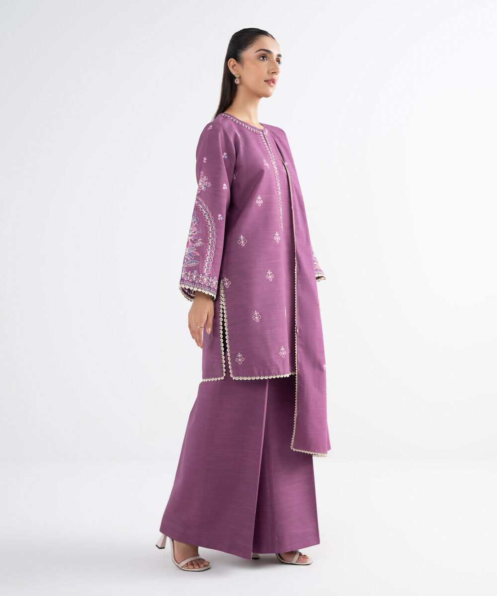 Women's Unstitched Khaddar Embroidered Purple 3 Piece Suit