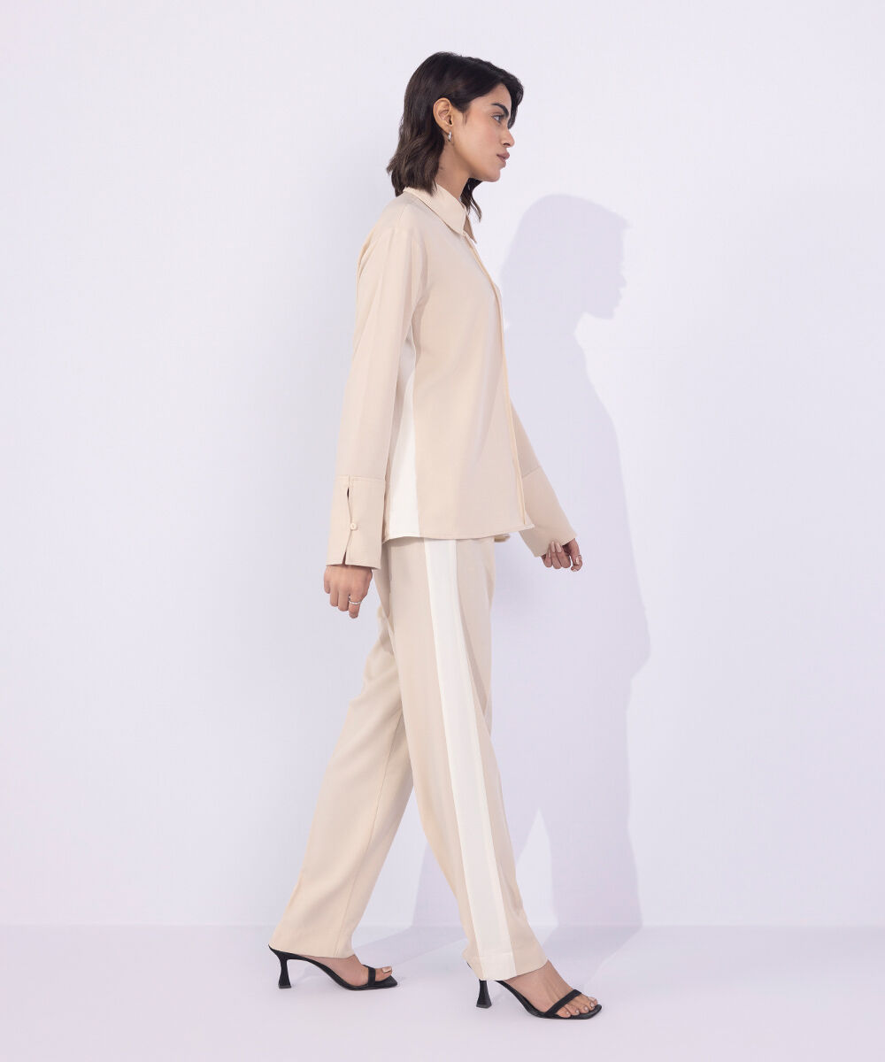 Women's Western Wear Beige Button-Through Shirt With Side Panels