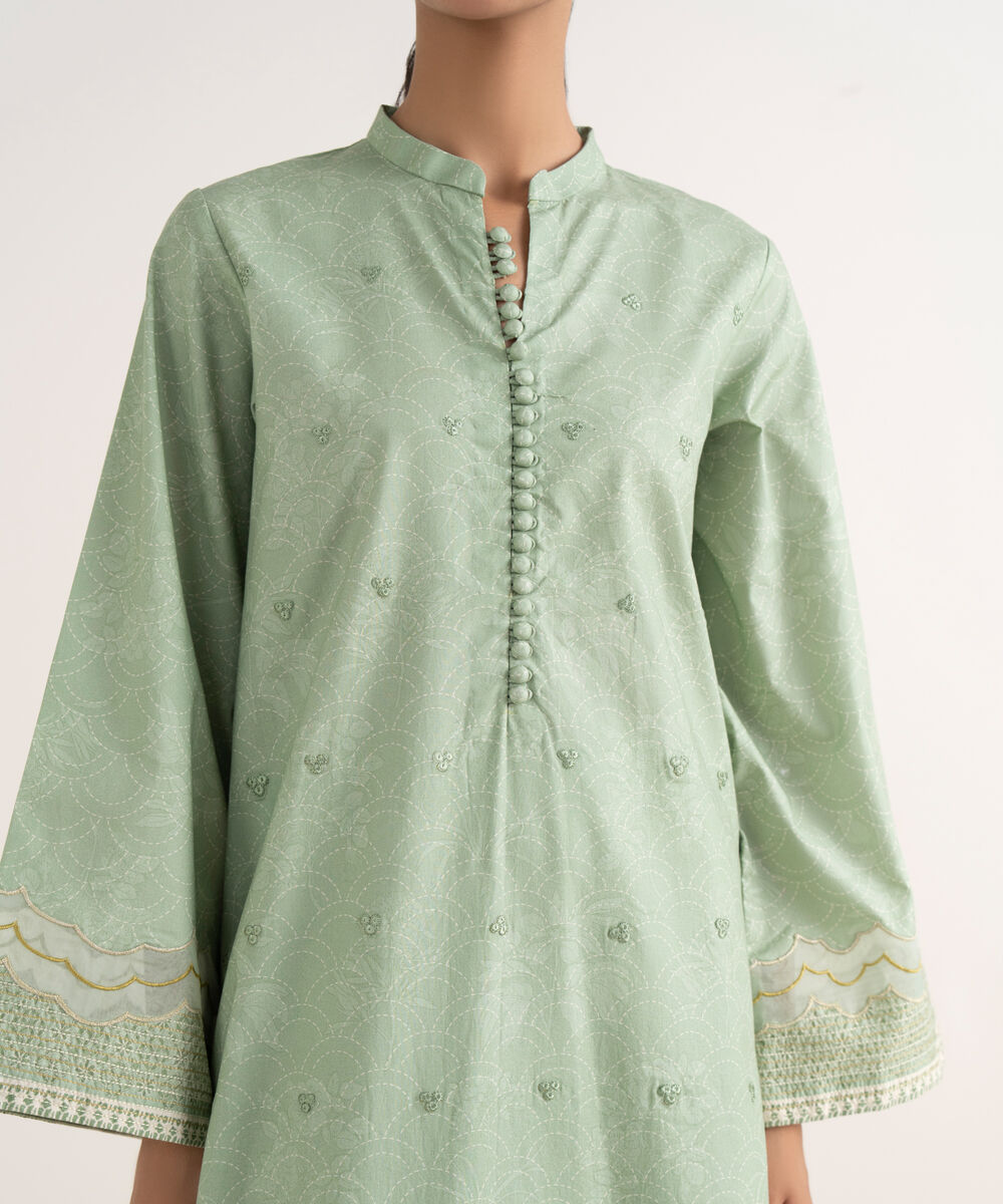 Women's Unstitched Cotton Embroidered Green Three Piece Suit