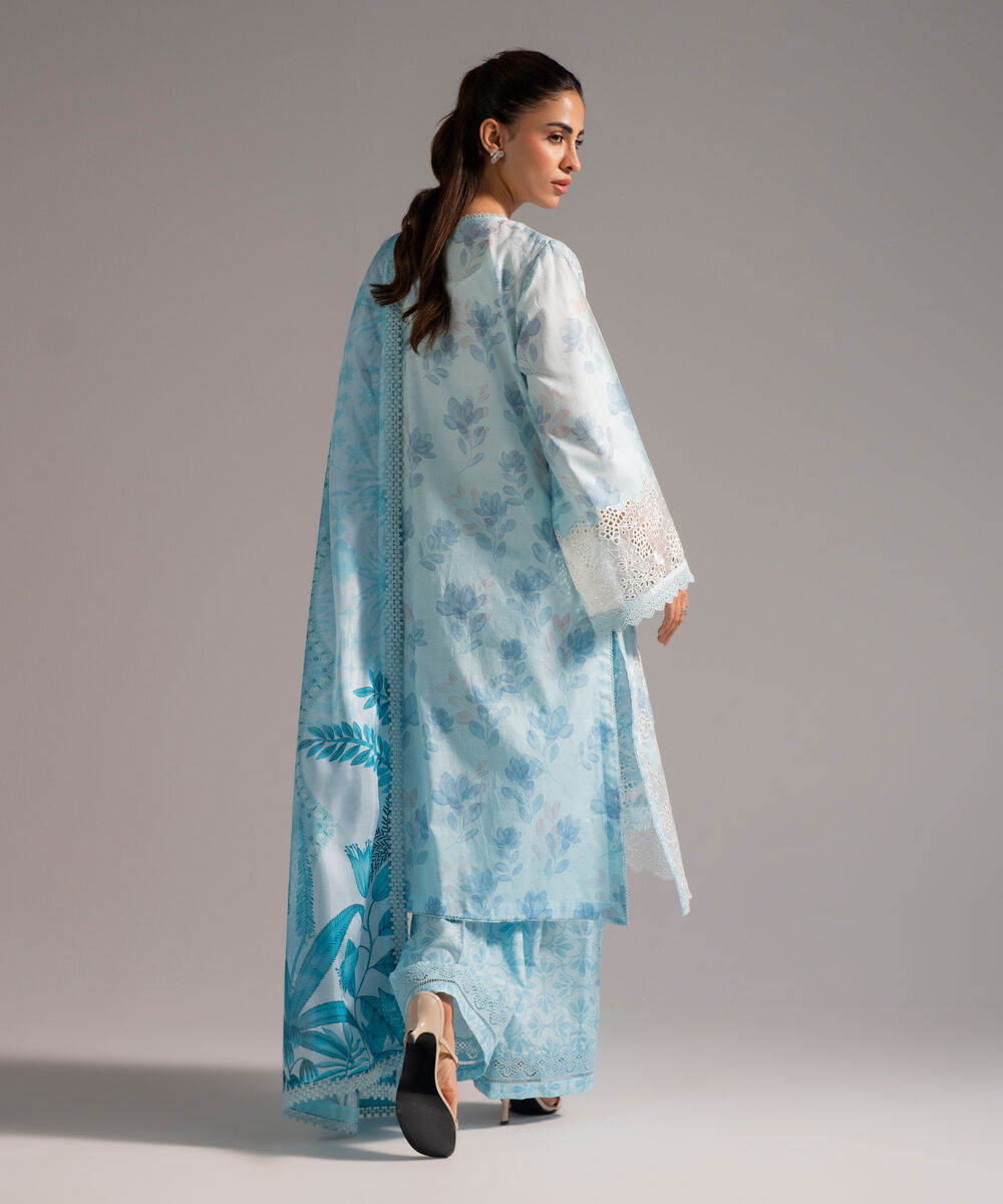 Women's RTW Self Jacquard Embroidered Light Blue 3 Piece Suit