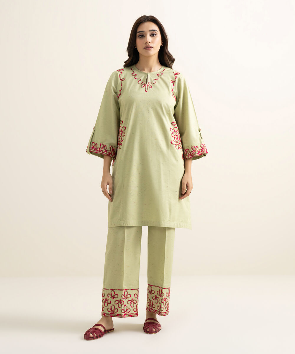 Women's RTW Multi Neps Embroidered Green Straight Shirt