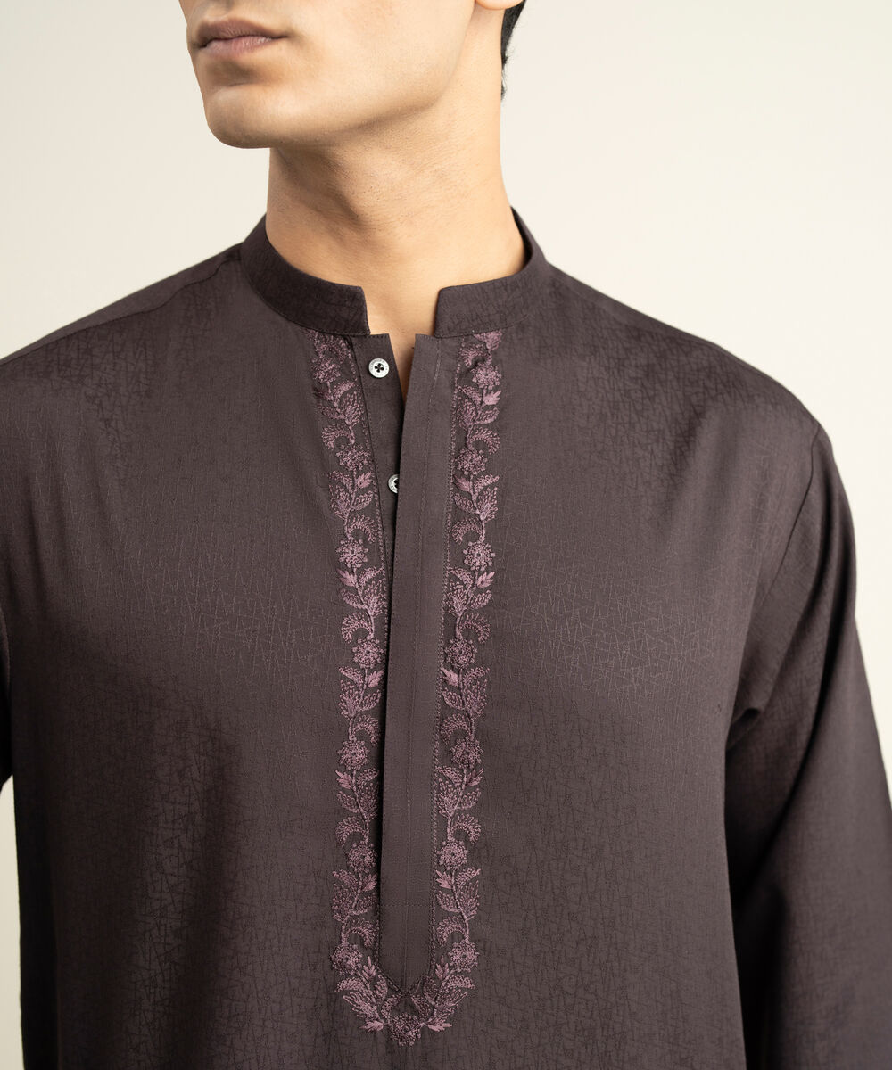 Men's dark purple Blended Jacquard Kurta