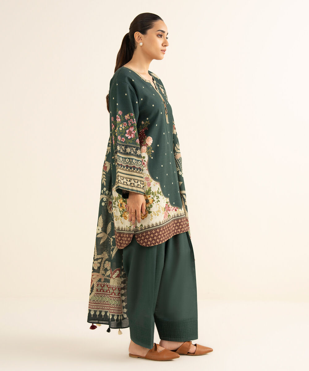 Women's Unstitched Light Khaddar Printed Green 3 Piece Suit