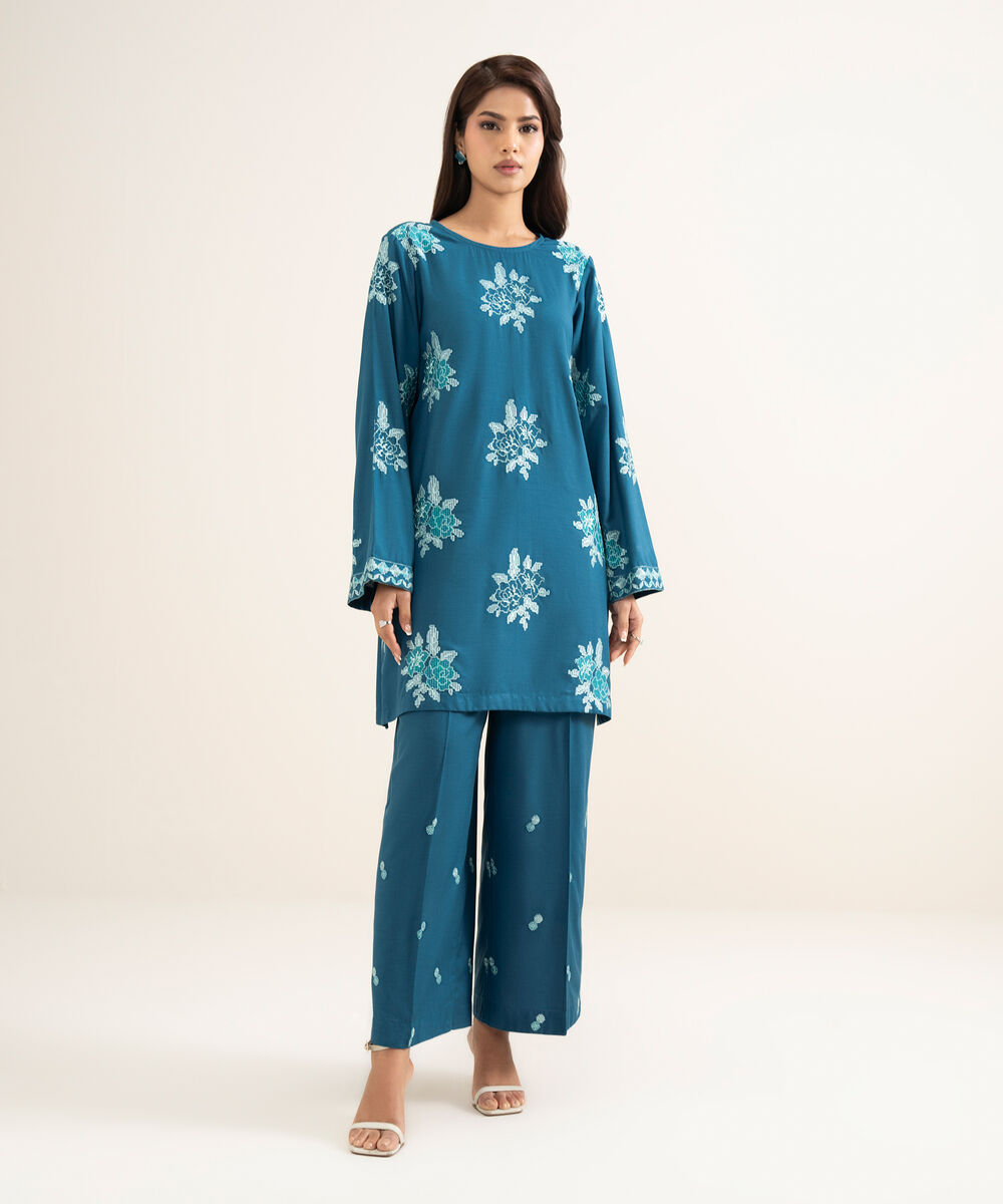 Women's RTW Cotton Viscose Embroidered Blue Straight Shirt