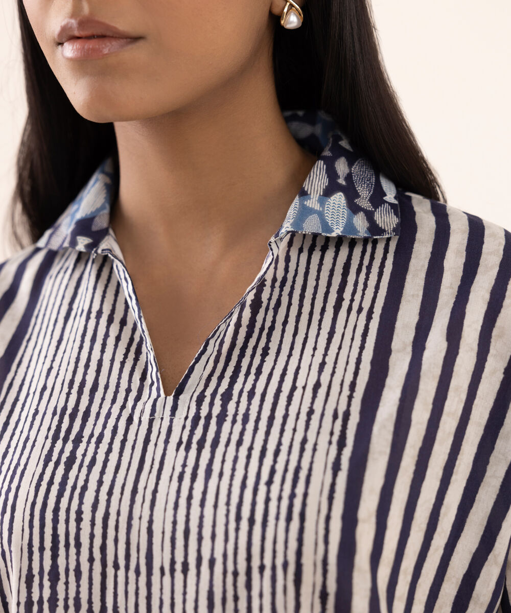 Women's RTW Lawn Blue Printed Drop Shoulder Shirt