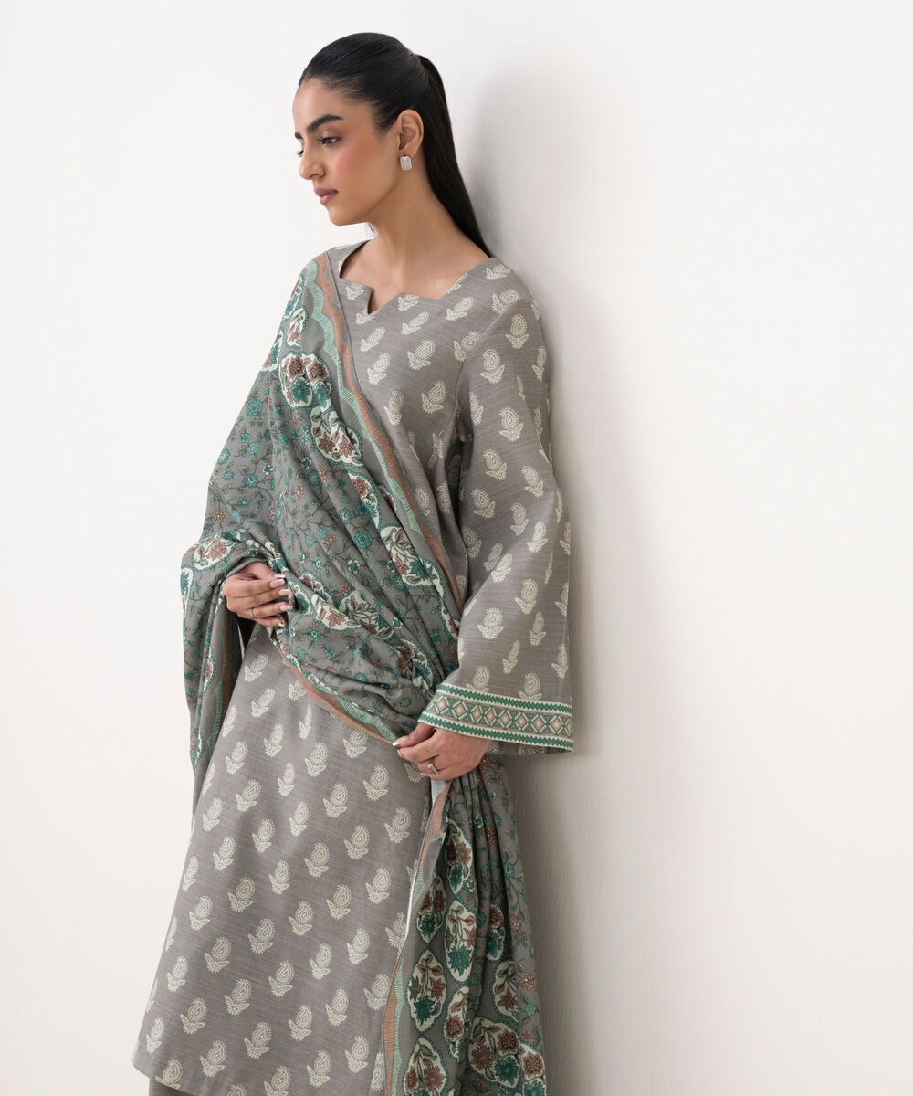 Women's Unstitched Khaddar Printed Grey 3 Piece Suit