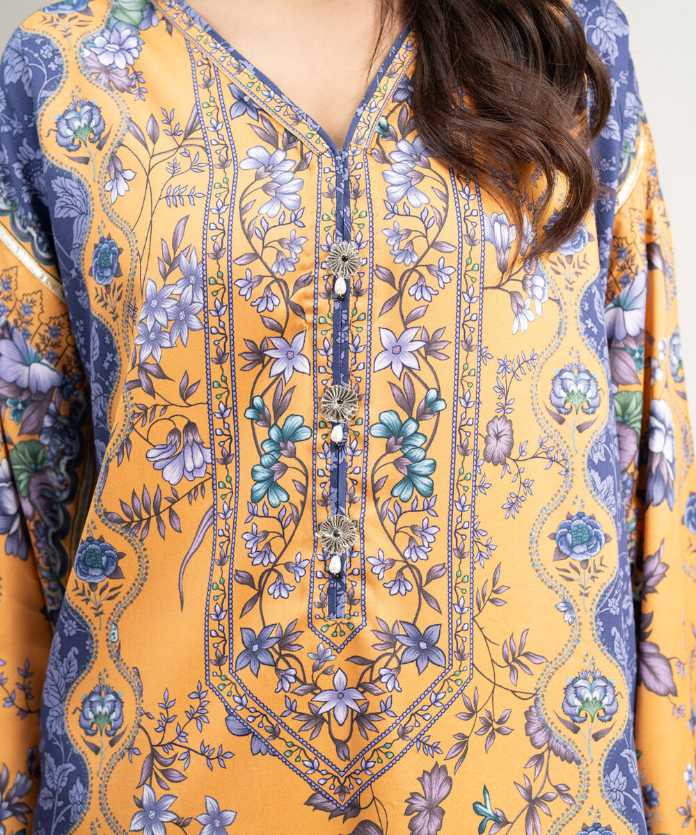 Women's RTW Premium Visocose Satin Printed Orange Drop Shoulder Shirt