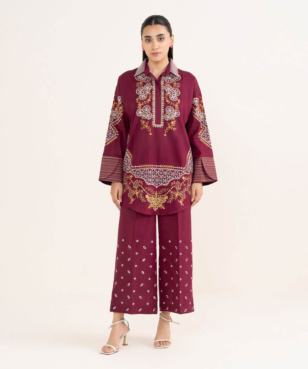 Women's RTW Cross Hatch Maroon Embroidered Boxy Shirt