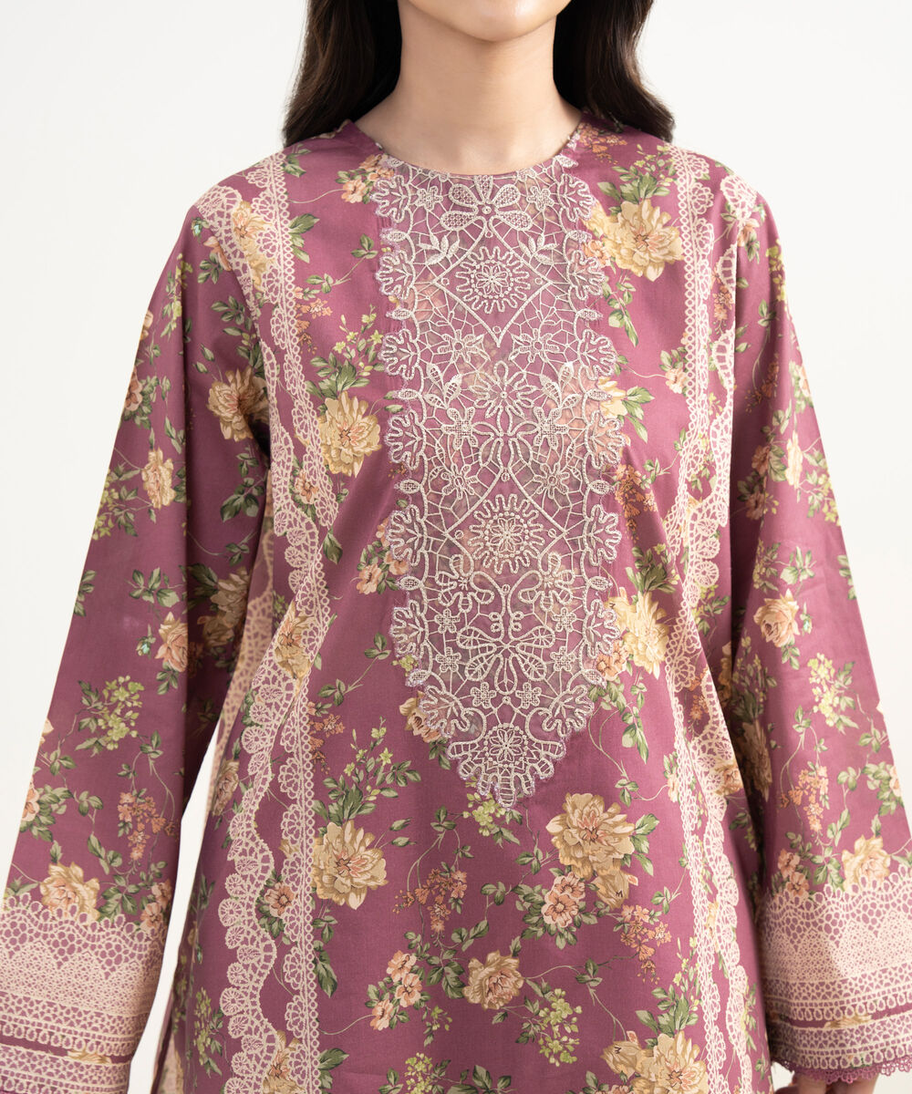 Women's RTW Lawn Embroidered Purple Straight Shirt