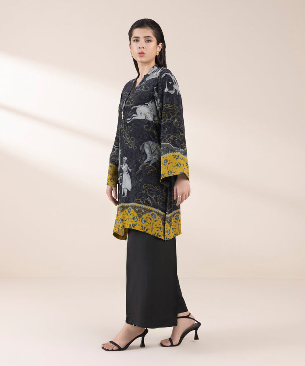 Women's Pret Black 2 Piece Printed Raw Silk Suit