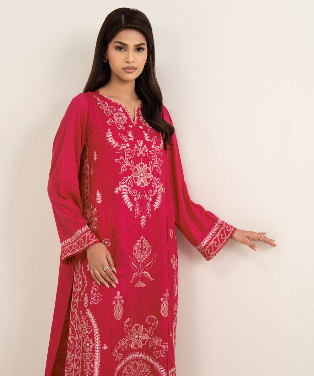Women's RTW Arabic Self Jacquard Embroidered Pink A-Line Shirt