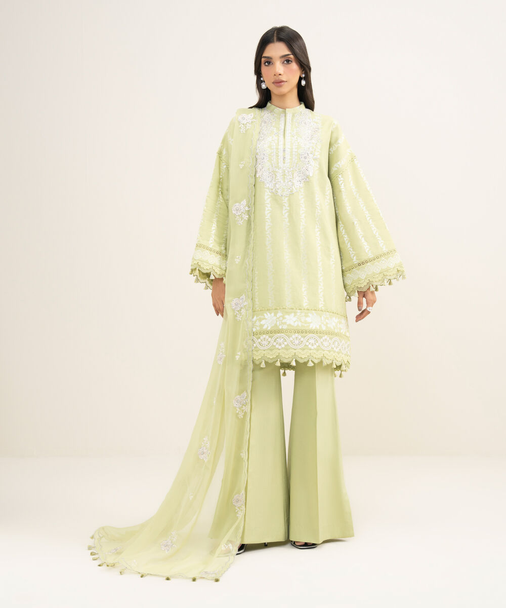 Women's Unstitched Extra Weft Jacquard Embroidered Green 3 Piece Suit