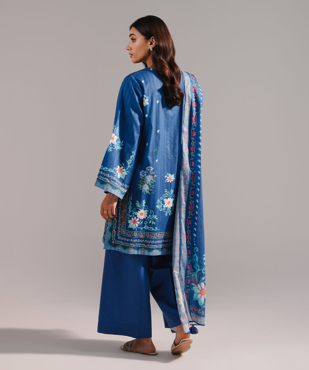 Women's RTW Dobby Printed Dark Blue 3 Piece Suit