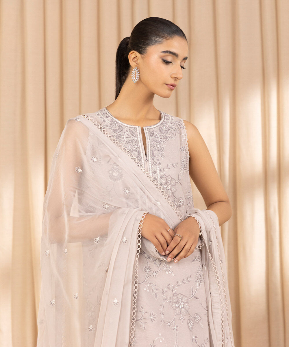 Unstitched Women's Embroidered Blended Khaddi Net Beige Three Piece Suit