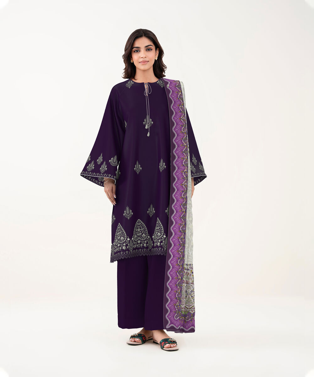 Women's Unstitched Lawn Dark Purple Embroidered 3 Piece Suit