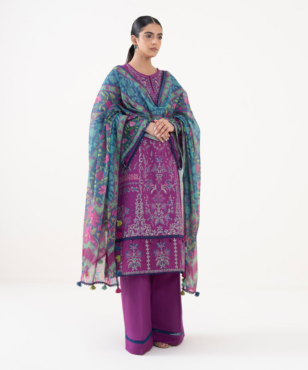 Women's Unstitched Light Cotton Satin Dyed Three Piece Suit