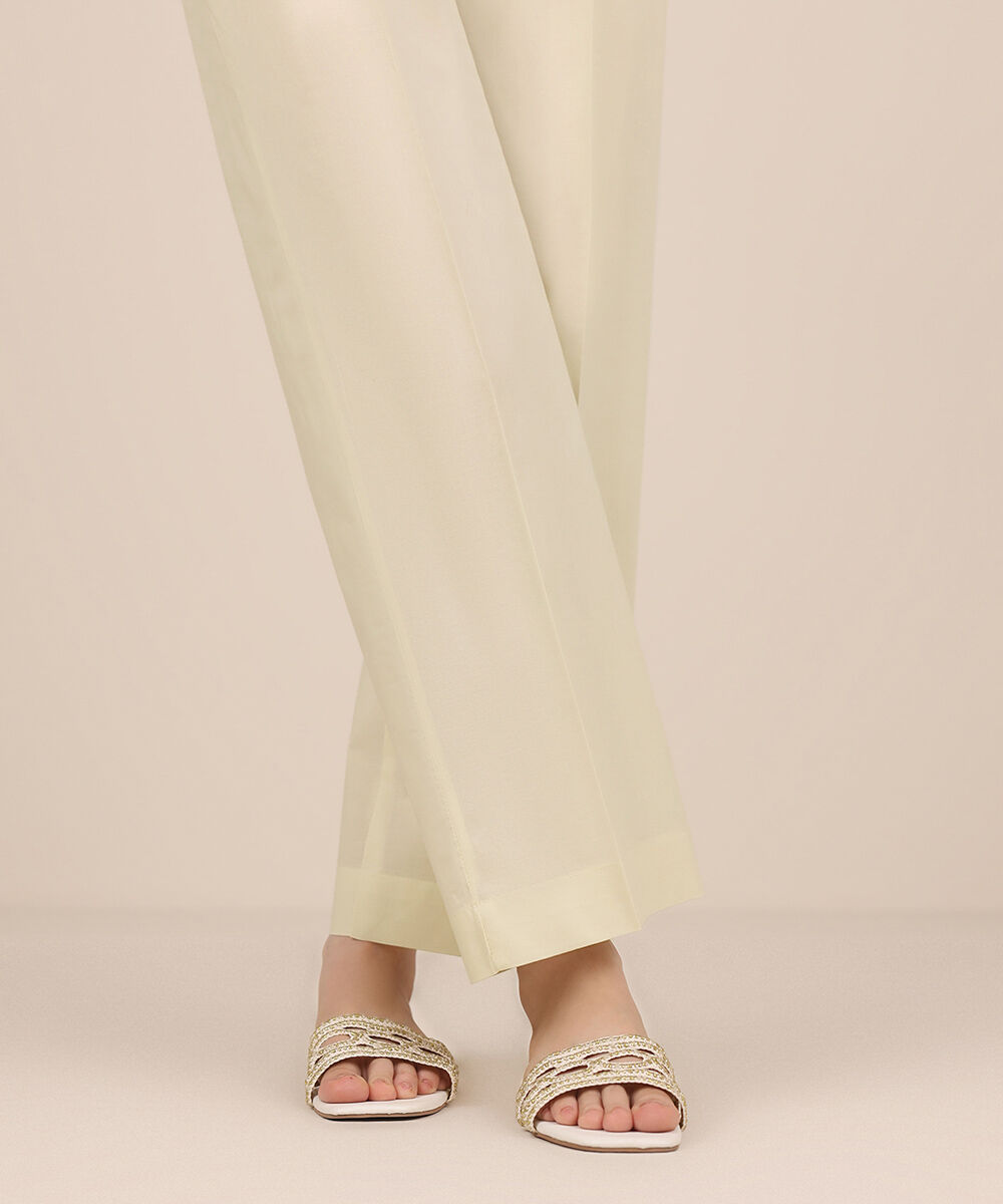 Women's RTW Cambric Off White Solid Straight Pants