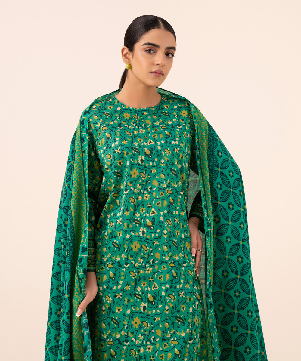 Women's Unstitched Cotton Printed Green Three Piece Suit