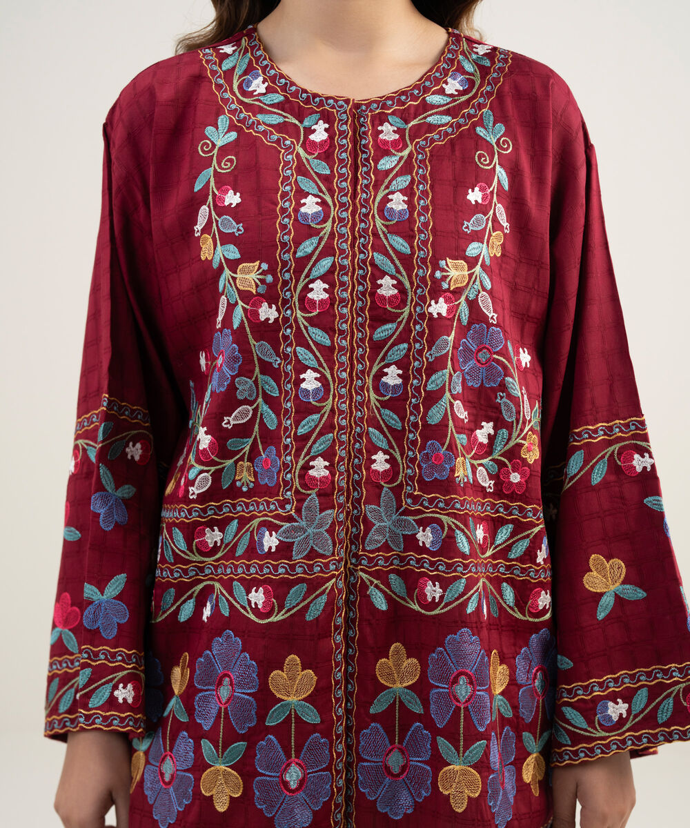 Women's RTW Dobby Embroidered Maroon Drop Shoulder Shirt