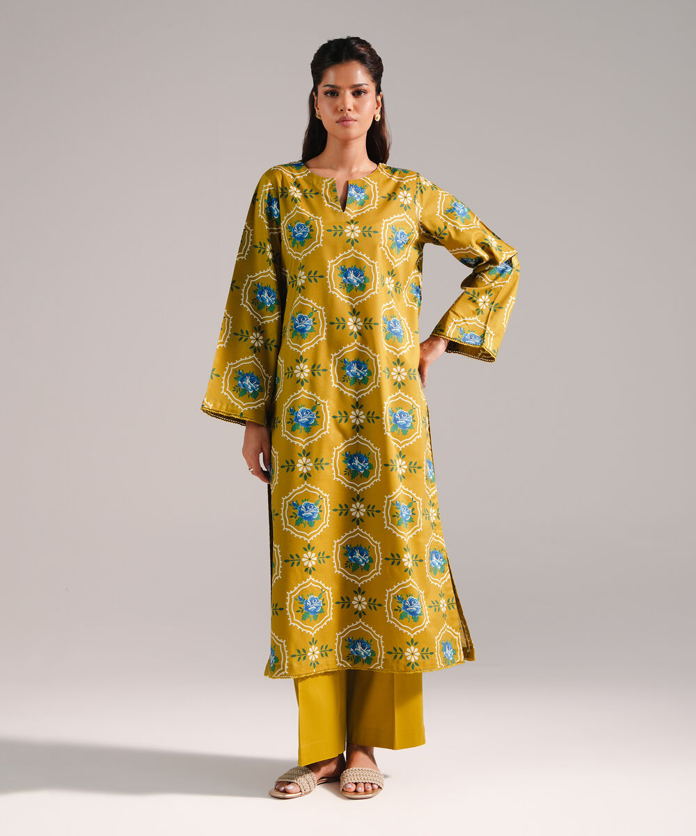 Women's RTW Cotton Viscose Printed Green 2 Piece Suit