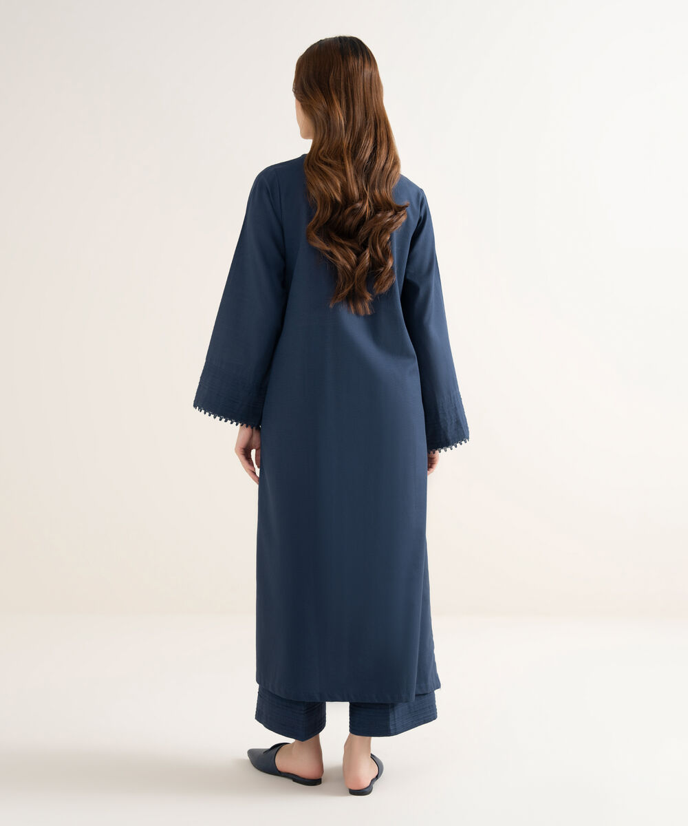 Women's RTW Textured Cotton Solid A-Line Blue Shirt