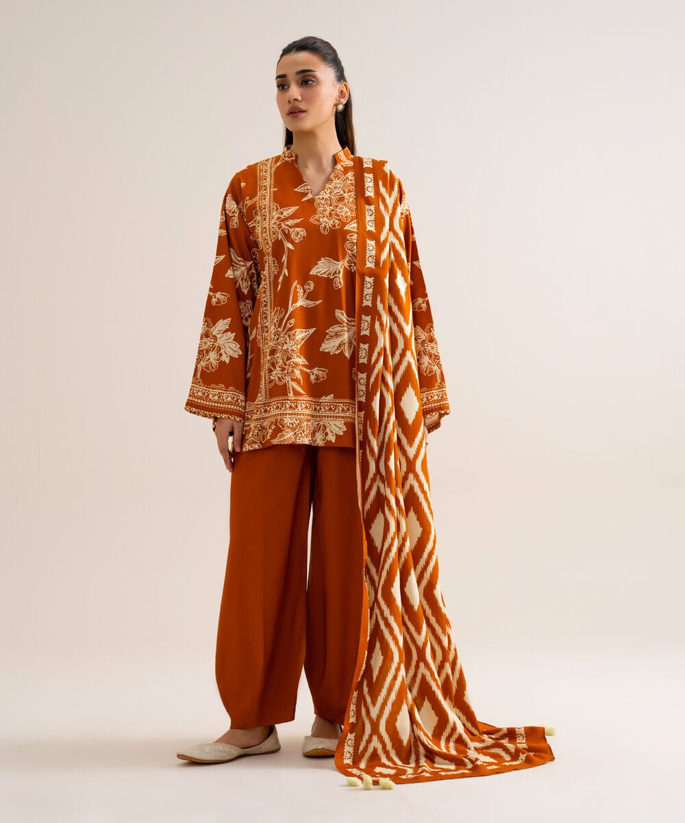 Women's Unstitched Viscose Linen Printed Orange 3 Piece Suit