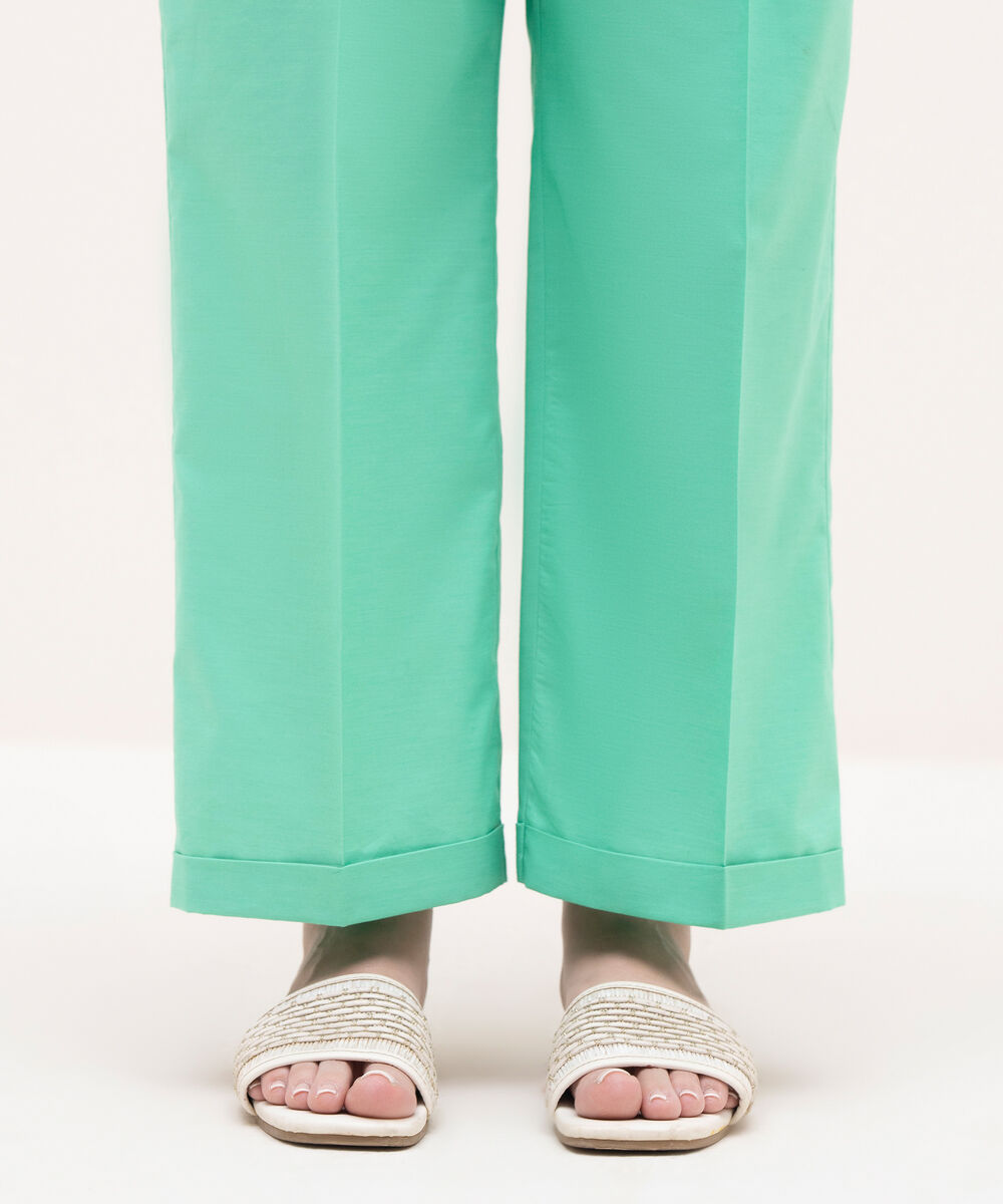 Women's RTW Textured Cotton Green Solid Culottes