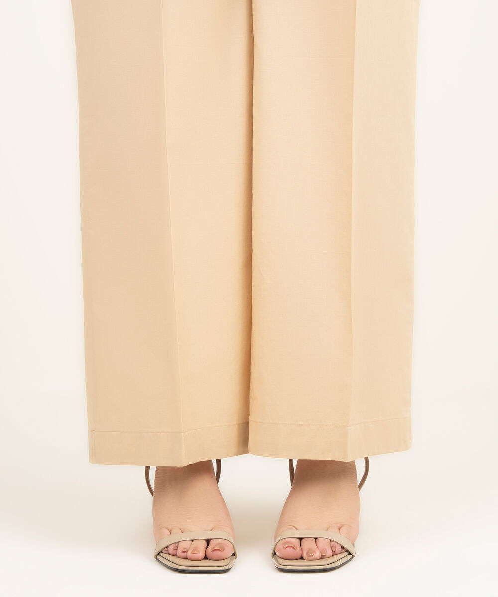 Women's RTW Cambric Solid Beige Flared Pants