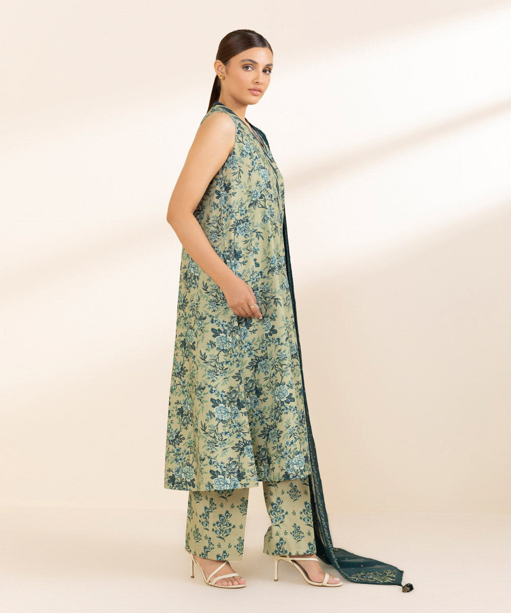 Woman - Green 3 Piece - Embroidered Cotton Suit