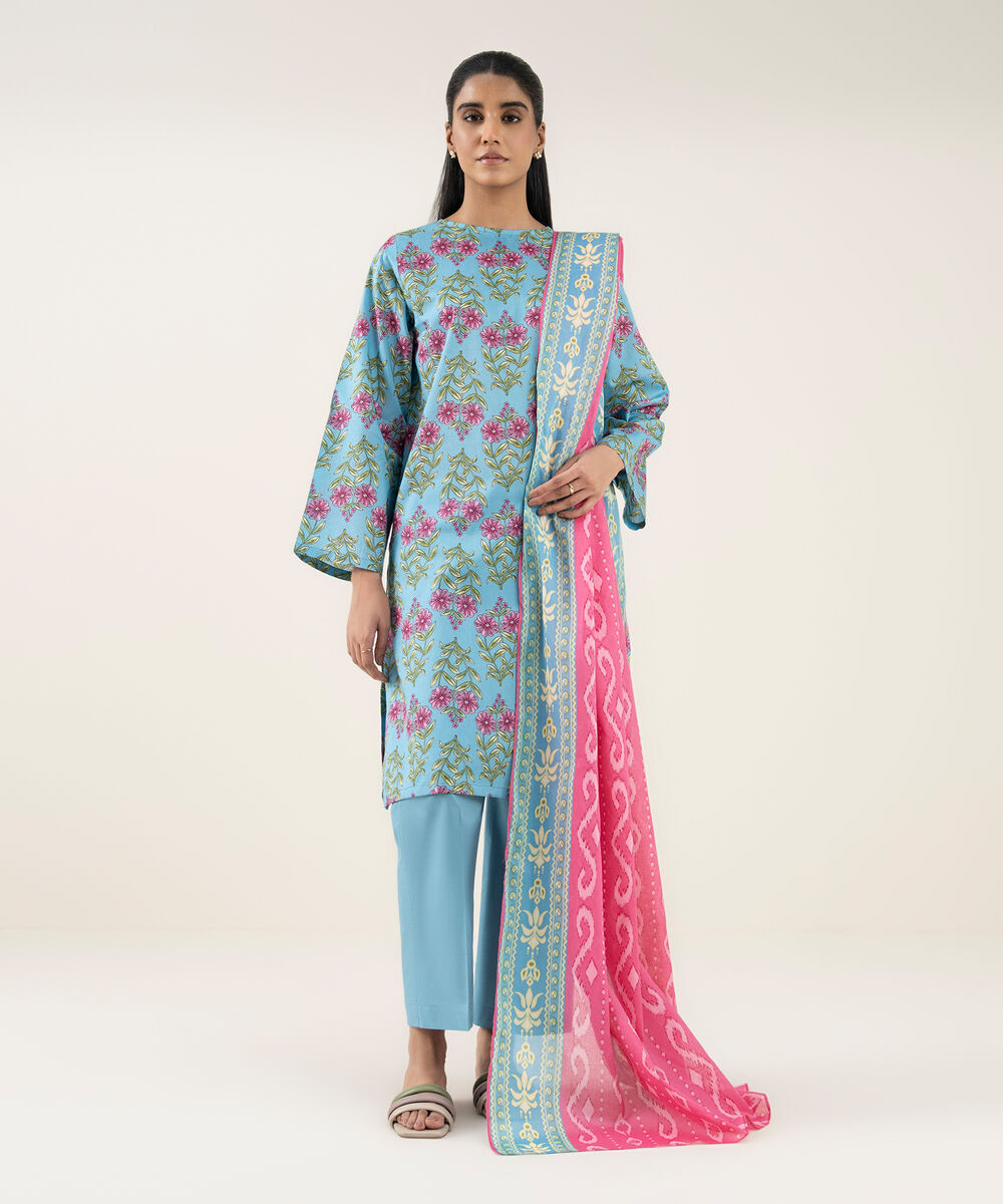Women's Unstitched Lawn Printed Blue 3 Piece Suit