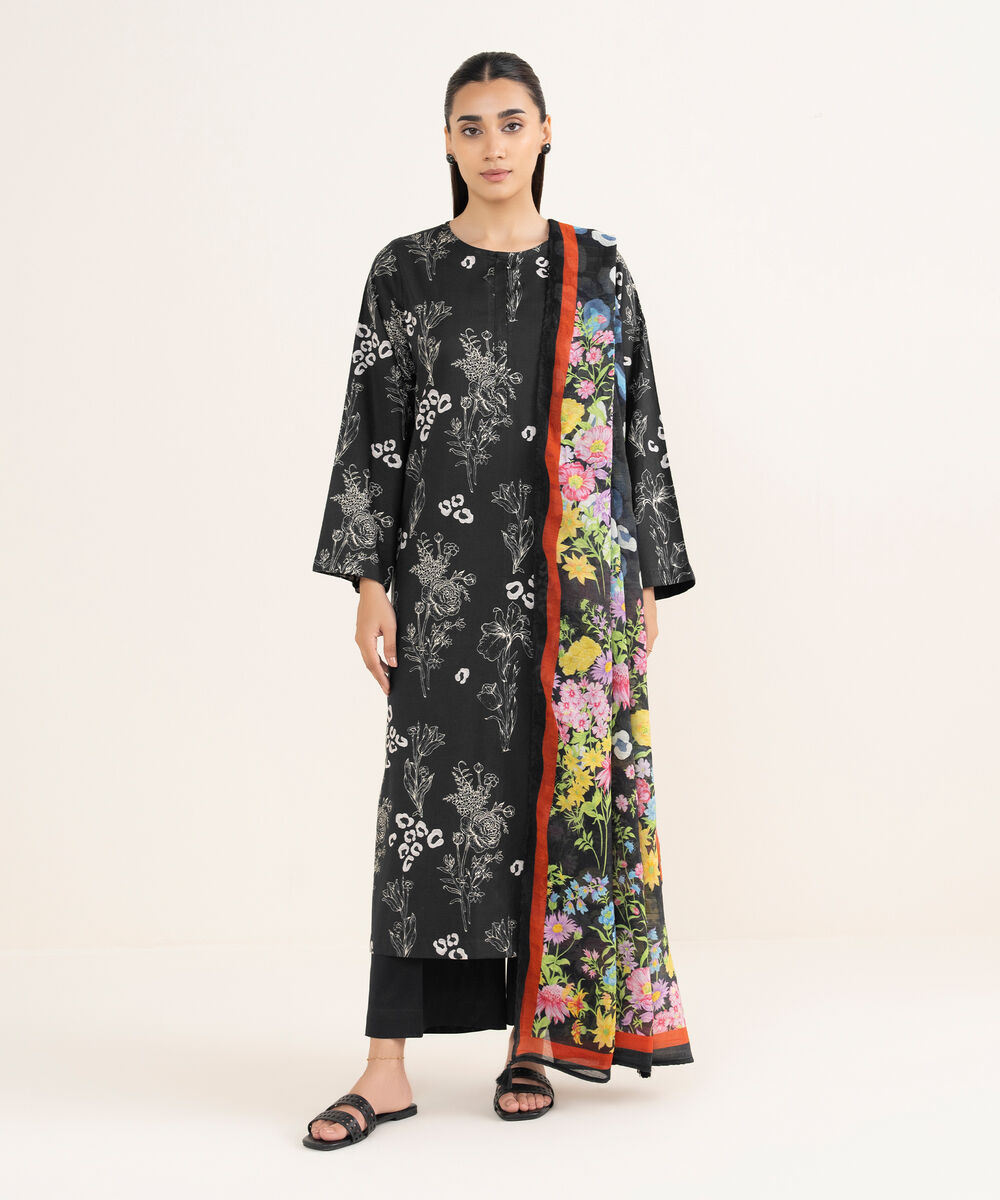 Women's RTW Viscose Lawn Black Printed Straight Shirt