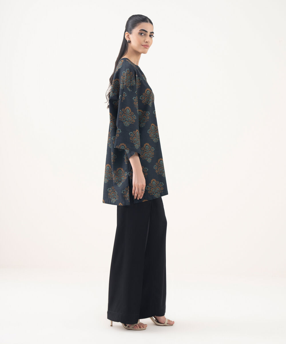 Women's RTW Light Khaddar Blue Printed Drop Shoulder Shirt