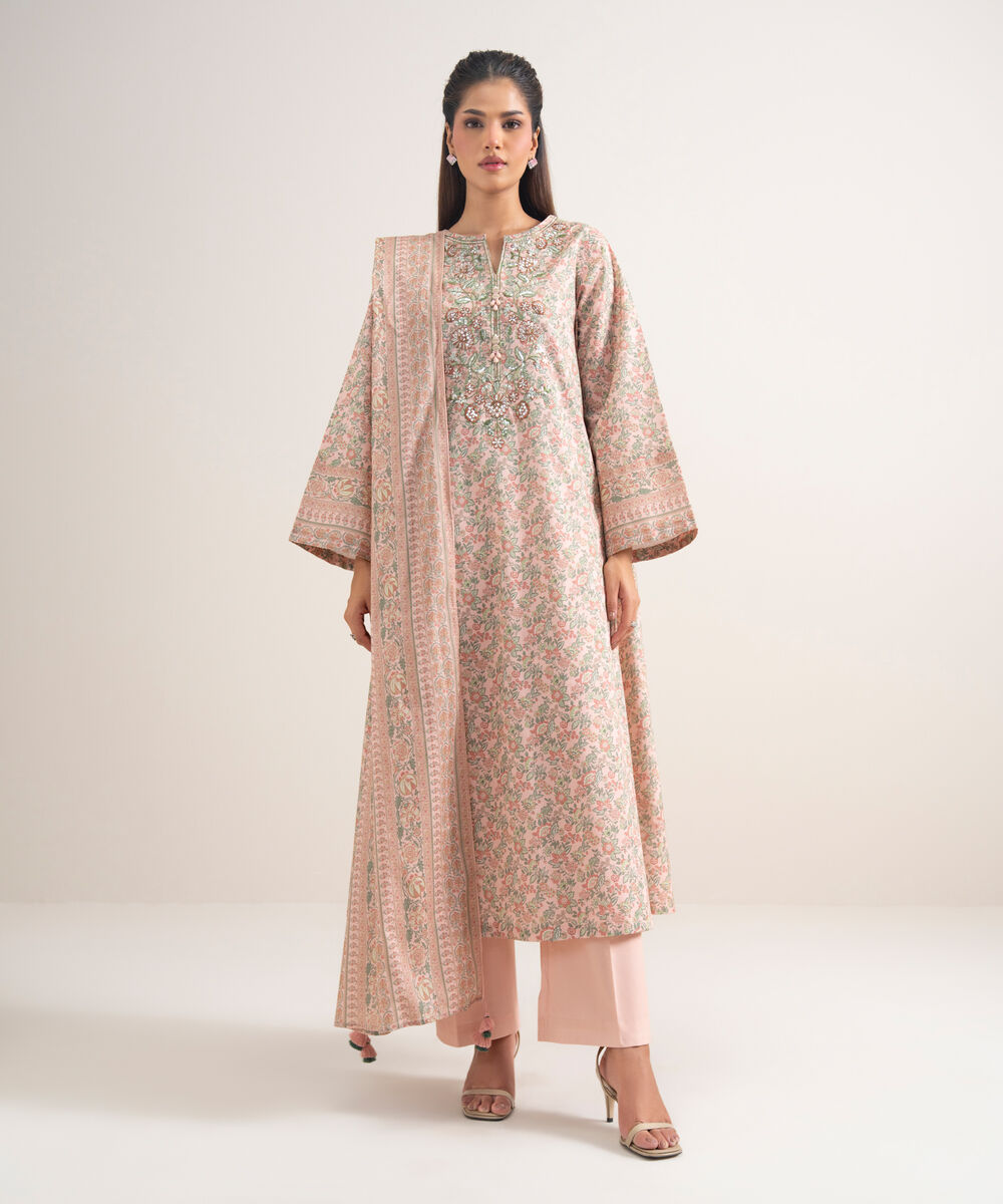 Women's Unstitched Lawn Embroidered Pink 3 Piece Suit