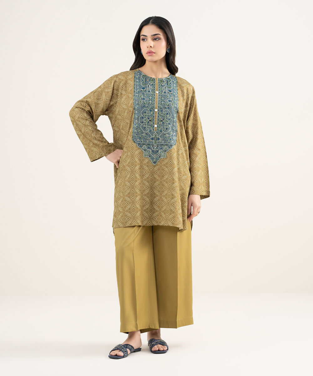 Women's RTW Arabic Cambric Embroidered Olive Green Straight Shirt