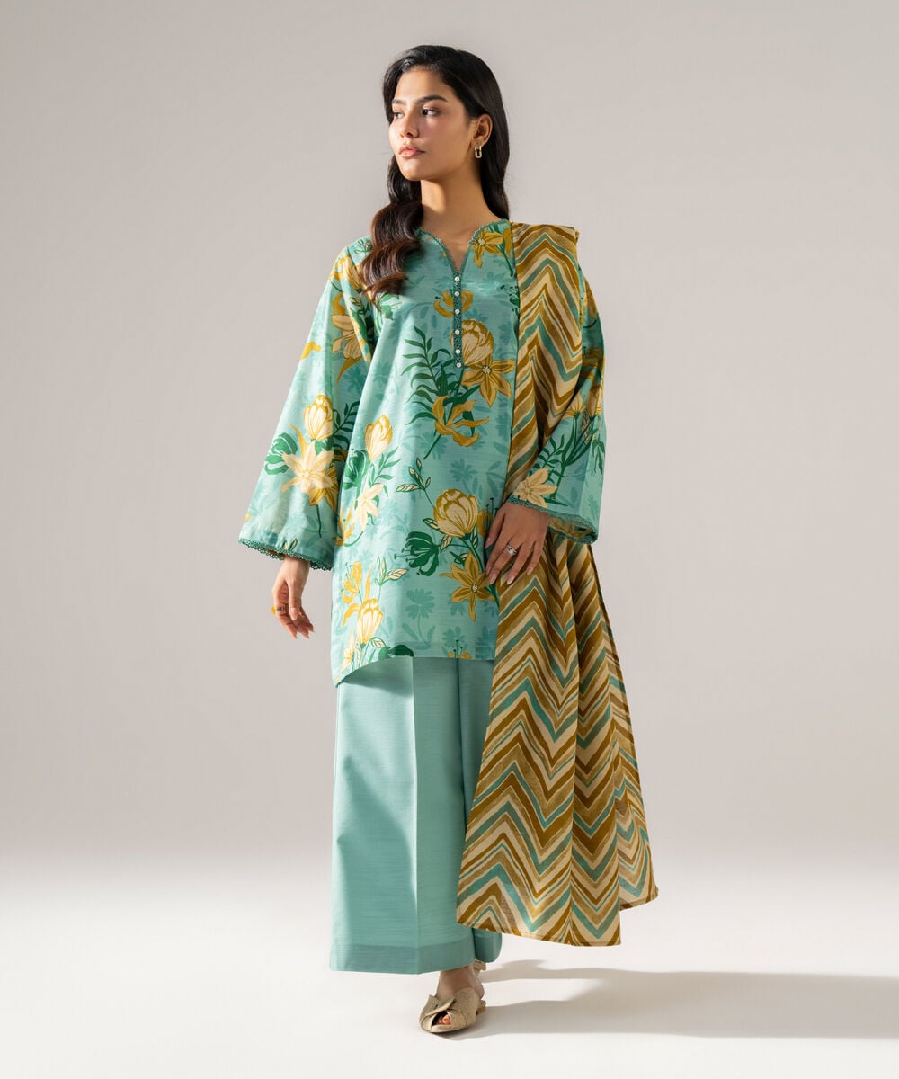 Women's RTW Khaddar Printed Seafoam Green 3 Piece Suit
