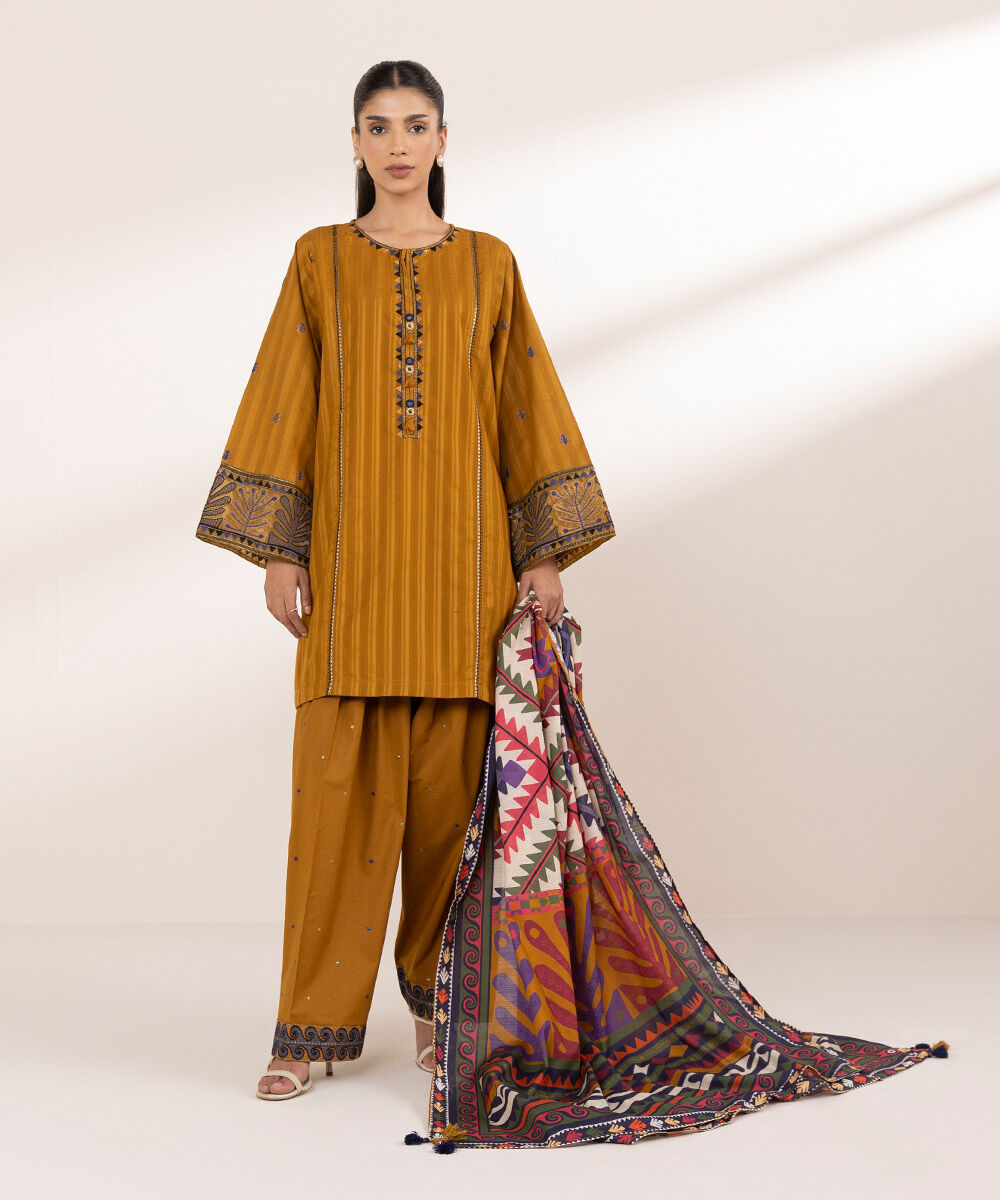 Women's RTW Textured Cotton Orange Embroidered Boxy Shirt