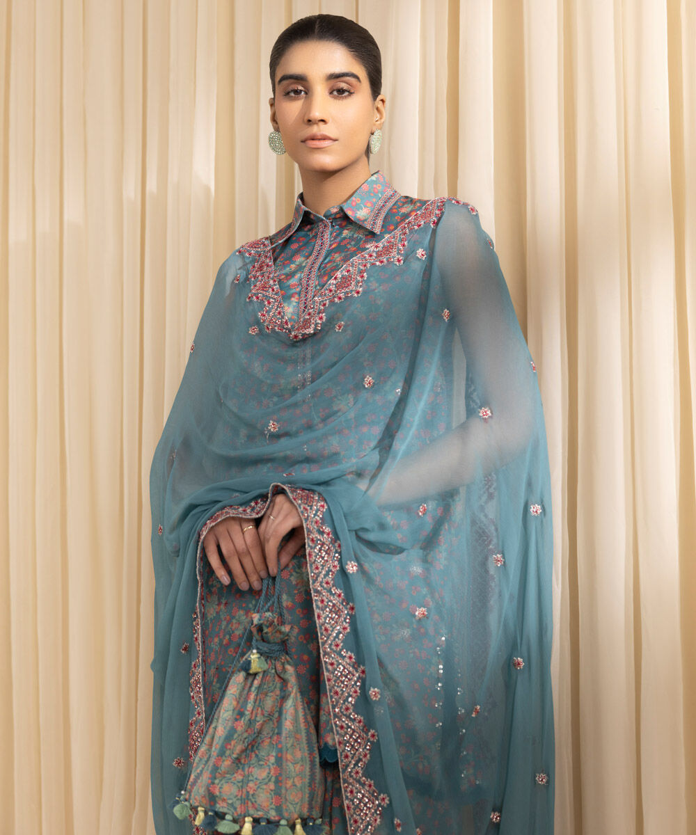 Unstitched Women's Embroidered Blended Grip Silk Grey Three Piece Suit