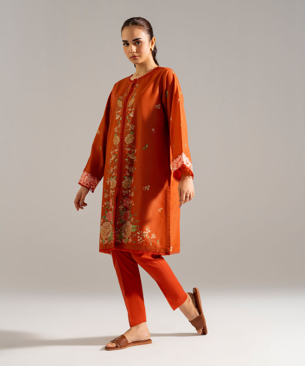 Women's RTW Zari Lawn Embroidered Orange Straight Shirt